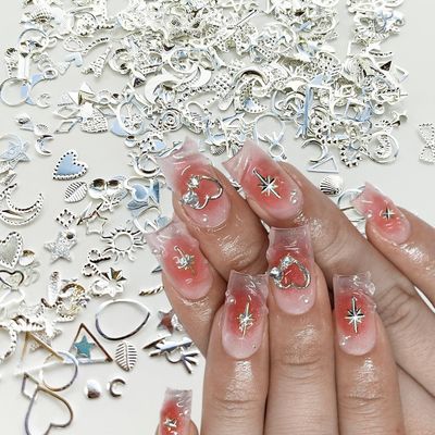500Pcs Silver Nail Charms for Nails Art Kit Alloy Star Nail Rhinestones 3D Nail Charms and Gems Metal Nail Studs Bow Nail Jewels for Nail Art Supplies Manicure Craft DIY Acrylic Nails Accessories