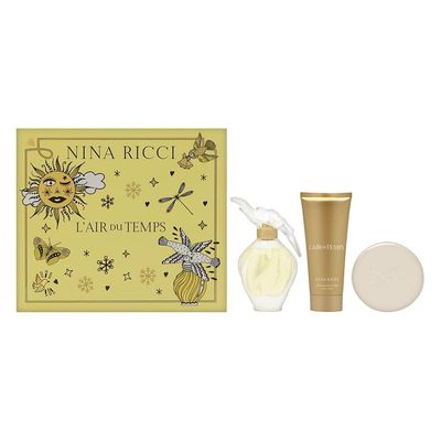 Lair du Temps by Nina Ricci for Women 3 Piece Set Includes: 3.4 oz Eau de Toilette Spray 3.5 oz Caressing Body Soap 3.4 oz Body Lotion