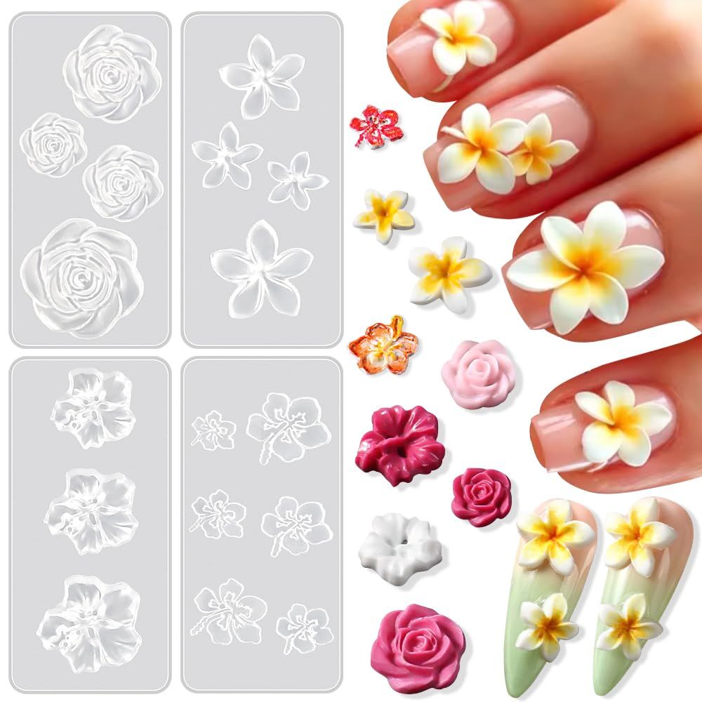 4pcs Flower Nail Charms Silicone Molds 3D Gel Nail Art Mold Plumeria Cherry Blossom Rose Petunia Nail Mold Nail Flowers Carving Mould Floral Nail Stencils DIY Nails Charms Nail Tools Nail Supplies