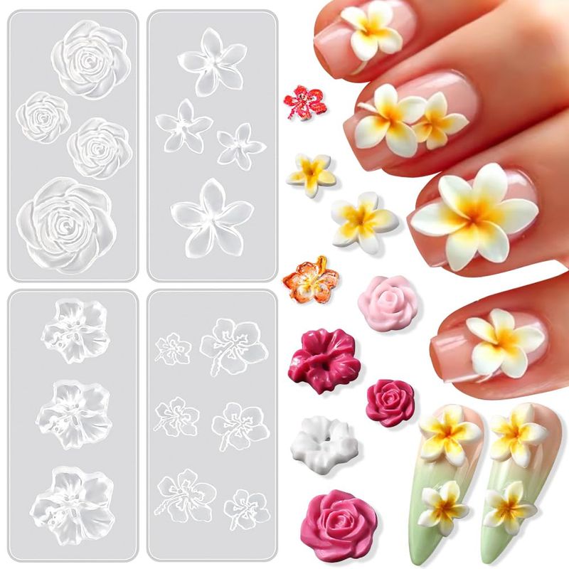 4pcs Flower Nail Charms Silicone Molds 3D Gel Nail Art Mold Plumeria Cherry Blossom Rose Petunia Nail Mold Nail Flowers Carving Mould Floral Nail Stencils DIY Nails Charms Nail Tools Nail Supplies