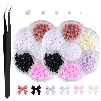 JASSINS 200PCS Bow Nail Charms and Flatback Pearls,Colorful 3D Bow Charm Acrylic Jewel Rhinestones Set,for Nail Design DIY Decoration(2 Box)
