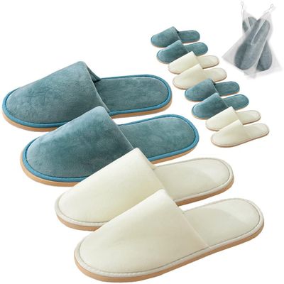GONG GONG Non Slip Disposable Slippers, 6 Pairs, Washable, Reusable, Closed Toe, Crystal Velvet (BlueCream 6Pairs, Adult, Men, Large, Alpha, US Footwear Size System, Medium)