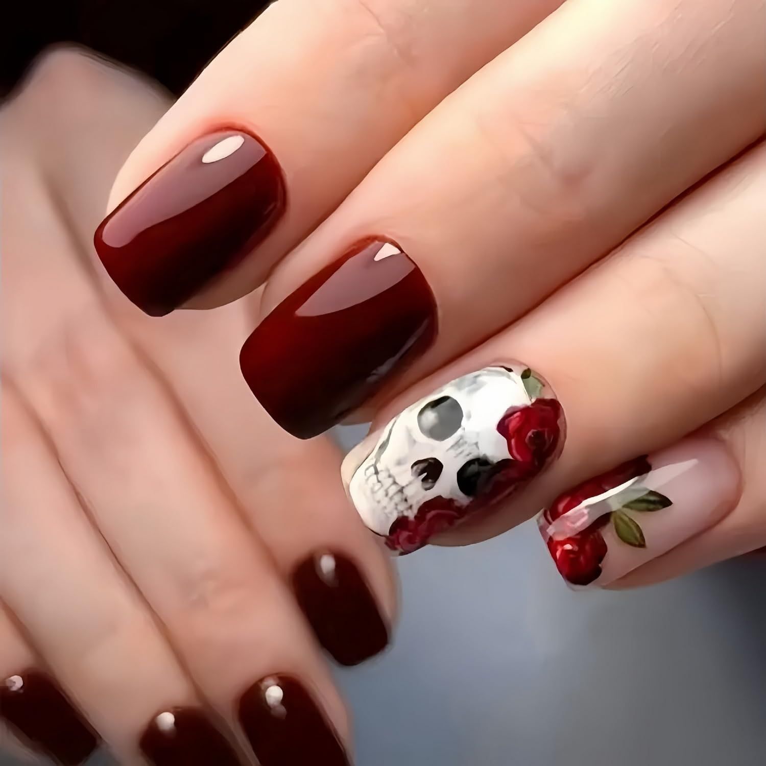 Halloween Press on Nails Skeleton Square Fake Nails with Flowers Designs False Nails Red Glossy Acrylic Nails Full Cover Halloween Skull Stick on Nails for Women Nails Manicure Decoration 24 Pcs