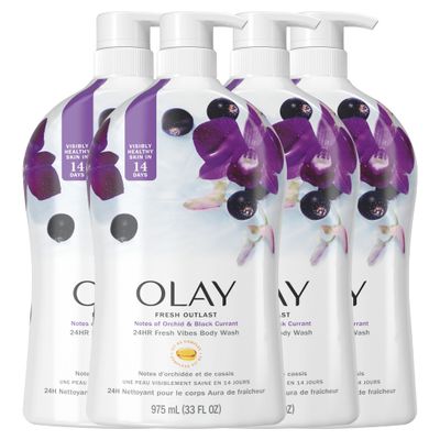 Olay Body Wash for Women, Fresh Radiance, Refreshing &amp; Renewing, Made with Plant Based Cleansers, B3 Botanical Complex, For All Skin Types, Orchid &amp; Black Currant Scent, 33 fl oz (Pack of 4)