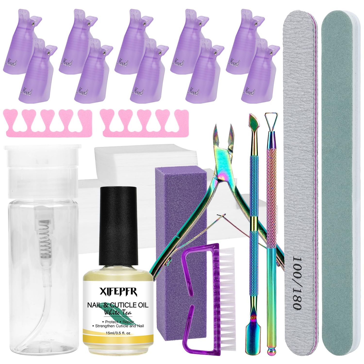 XIFEPFR Gel Nail Polish Remover Tools Kit, 521Pcs Gel Polish Remover Kit with Nail Clips, Nail Wipes, 100ml Pump Bottle, Cuticle Oil, Cuticle Trimmer, Nail File Block, Nail Brush, Gifts for Women