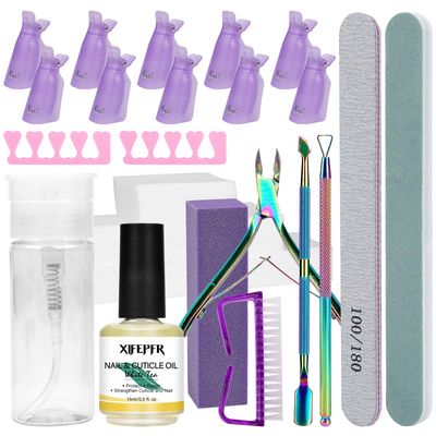 XIFEPFR Gel Nail Polish Remover Tools Kit, 521Pcs Gel Polish Remover Kit with Nail Clips, Nail Wipes, 100ml Pump Bottle, Cuticle Oil, Cuticle Trimmer, Nail File Block, Nail Brush, Gifts for Women