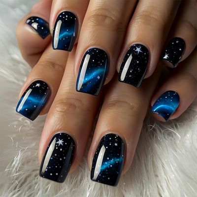 24Pcs Glitter Stars Press on Nails Square Short Square Fake Nails Starry Sky Designs Acrylic False Nails Blue Black Gradient Glue on Nails Reusable Full Cover Artificial Stick on Nails for Women Girls