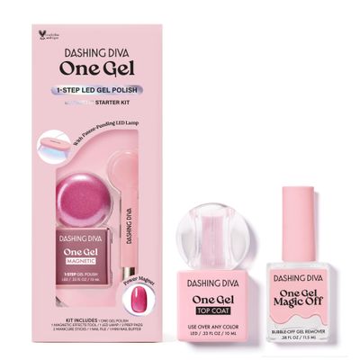 Dashing Diva One Gel Magnetic Mega Bundle - One Gel Magnetic Starter Kit in Villainous, Top Coat and Magic Off Nail Polish Remover - Manicure Set includes LED Lamp and Power Magnet