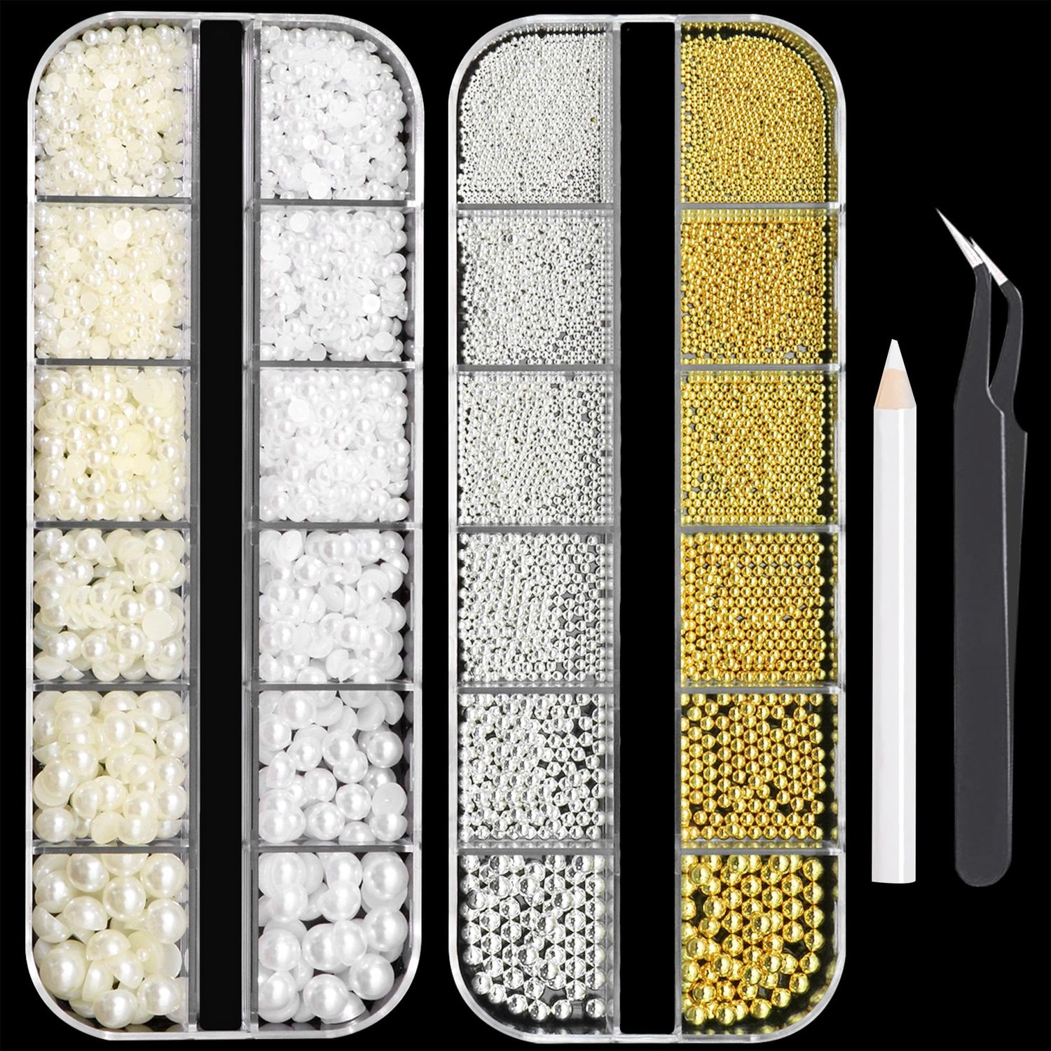 RODAKY 2 Boxes Metal Nail Beads and Flatback Pearls,Metal Silver &amp; Gold Beads Nail Supplies Small Round Caviar Beads Nail Gems,White &amp; Beige Half Pearl for Nail Jewelry DIY Nail Art Dcor