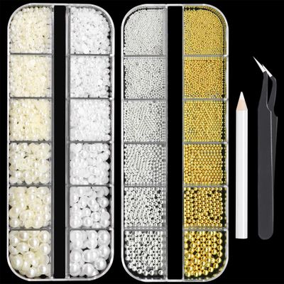 RODAKY 2 Boxes Metal Nail Beads and Flatback Pearls,Metal Silver &amp; Gold Beads Nail Supplies Small Round Caviar Beads Nail Gems,White &amp; Beige Half Pearl for Nail Jewelry DIY Nail Art Dcor