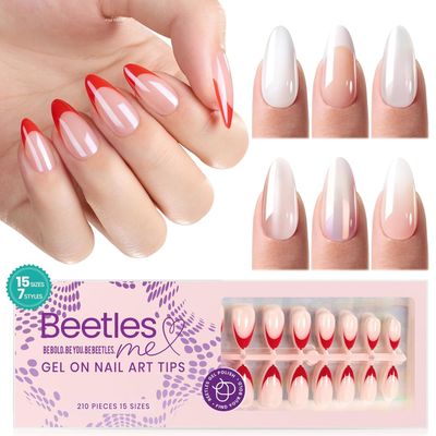Beetles Press On Nails Almond, 15 Sizes 7 Stlyes Glazed Red Nails, Red French Tip Press on Nails, Medium Almond Nail Tips, Pre-Applied Primer, Fake Nails Extensions