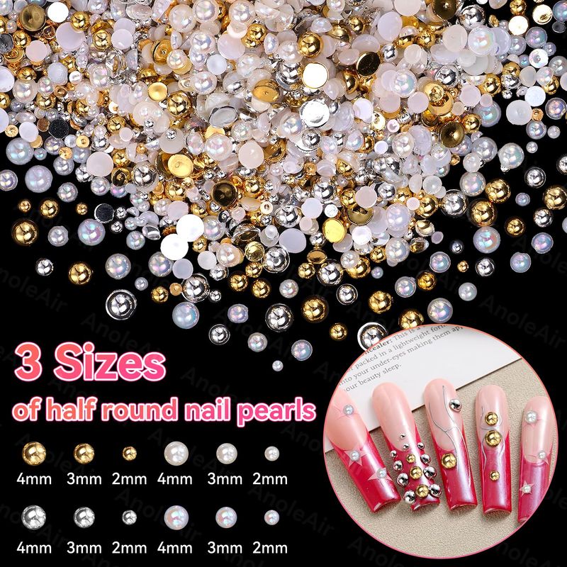 AB Gold Silver Nail Pearls for Nail Art, Pearl Nail Charms Gems for Nail Art Designs, Pearl Beads for Crafting, Small Tiny Half Pearls Beads for DIY Nail Art, Face Makeup and Craft