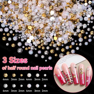 AB Gold Silver Nail Pearls for Nail Art, Pearl Nail Charms Gems for Nail Art Designs, Pearl Beads for Crafting, Small Tiny Half Pearls Beads for DIY Nail Art, Face Makeup and Craft