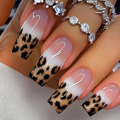 Leopard Press on Nails Gold Glitter Fake Nails Medium Square False Nails with Design Nude Gradient Glue on Nails Acrylic Nail Full Cover French Tip Stick on Nails for Women Nail Art Decoration 24Pcs