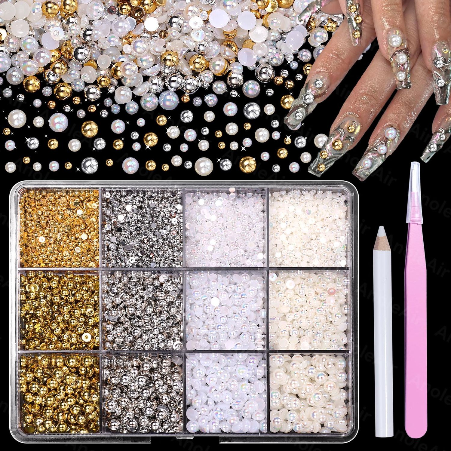 AB Gold Silver Nail Pearls for Nail Art, Pearl Nail Charms Gems for Nail Art Designs, Pearl Beads for Crafting, Small Tiny Half Pearls Beads for DIY Nail Art, Face Makeup and Craft