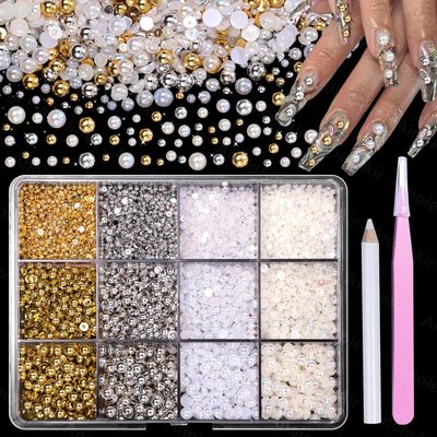 AB Gold Silver Nail Pearls for Nail Art, Pearl Nail Charms Gems for Nail Art Designs, Pearl Beads for Crafting, Small Tiny Half Pearls Beads for DIY Nail Art, Face Makeup and Craft