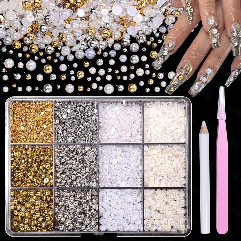 AB Gold Silver Nail Pearls for Nail Art, Pearl Nail Charms Gems for Nail Art Designs, Pearl Beads for Crafting, Small Tiny Half Pearls Beads for DIY Nail Art, Face Makeup and Craft
