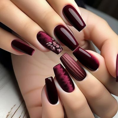 Red Press on Nails Medium Ballet Shaped Flower Fake Nails Stripe Design Coffin Nails Full Cover Acrylic Nails Artificial Stick on Nails Reusable Glossy Glue on Nails for Women Acrylic Nails Set 24Pcs