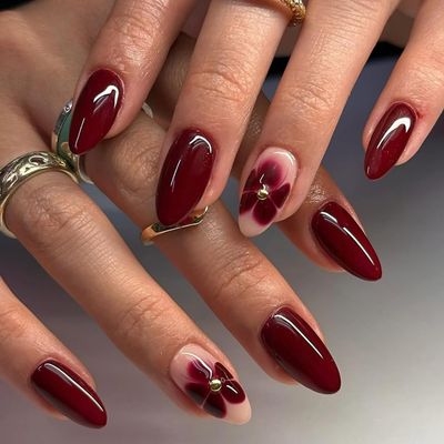 Wine Red Solid Color Press on Nails Medium Almond Fake Nails Glossy Flower Acrylic Nails with Glue on Nails Reusable Stick on Nails for Women DIY Manicure