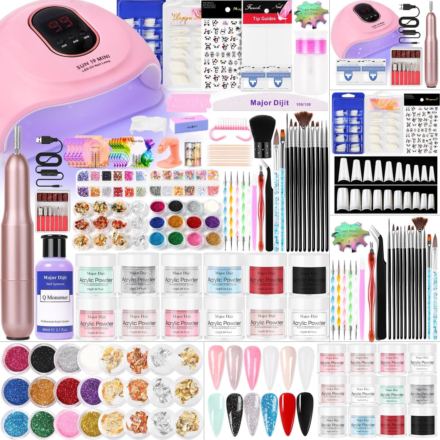 Major Dijit Acrylic Nail Kit with Nail Lamp, 0.35 oz White Clear Pink Black and More 12 Colors Acrylic Powder and Liquid Kit, Electric Nail Drill, Glitter, Nail Art Brushes,Nail Kit for Beginners