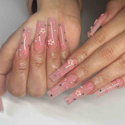 Foccna Pink Press on Nails Long 3D Flower Fake Nails Square Bling Glossy Rhinestone False Nail Tips Artificial Nails Finger Manicure for Women and Girls,24pcs