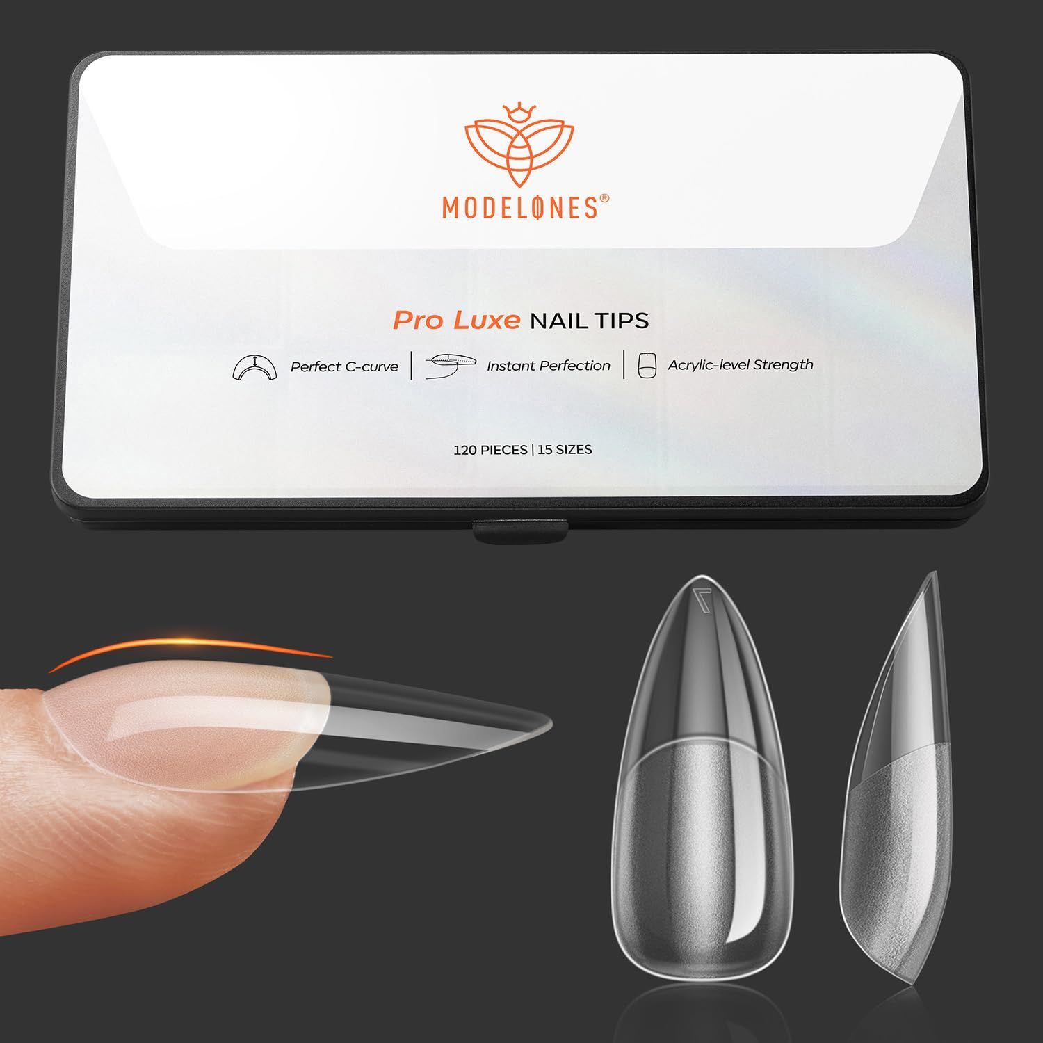 modelones Pro Luxe Instant Nail Apex Tips 15 Sizes, Medium Almond Gel x Nail Tips Pre-building &amp; Pre-etched Thicker Strength Acrylic Fake Nails Full Cover 120 Pcs