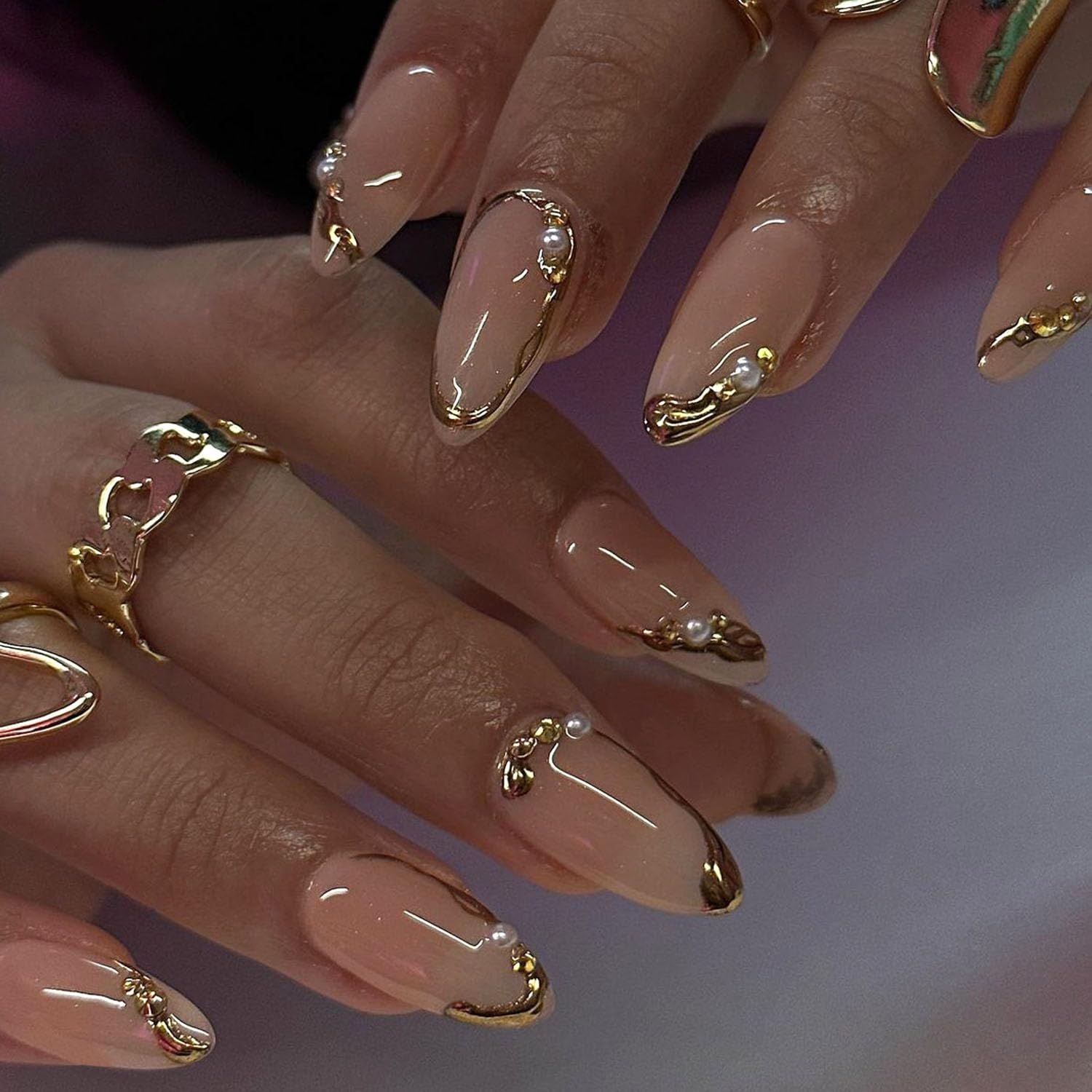 Almond Press on Nails Medium Glue on Nails Gold French Fake Nails 3D Gold Lines &amp; Pearl Acrylic Nails Nude Translucent Nails Press ons Simple &amp; Reusable Stick on Nails for Women 24 Pcs