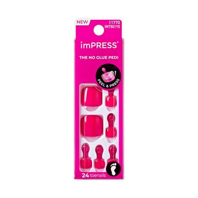 KISS imPRESS No Glue Mani 30 Pcs Press On Toenails, Hot Pink Stick On Extension False Nails for Toes, Peel &amp; Press Easy Apply, Hassle-Free Removal, Includes Manicure Stick, Prep Pad &amp; File