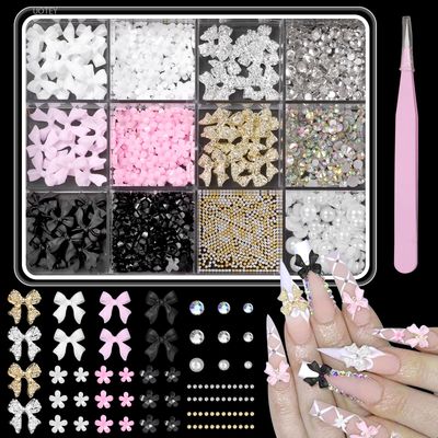 3D Bow Nail Charms and Gems, Pink Black Bows Flower Nail Art Charms Alloy Bows for Nails, Mixed Nail Gems Rhinestones Bowknots Caviar Beads Charms for Nails DIY Nail Art Accessories