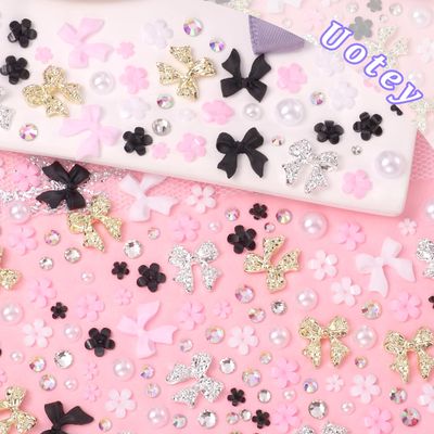 3D Bow Nail Charms and Gems, Pink Black Bows Flower Nail Art Charms Alloy Bows for Nails, Mixed Nail Gems Rhinestones Bowknots Caviar Beads Charms for Nails DIY Nail Art Accessories