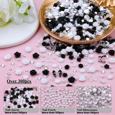 Umillars 300pcs 3D Butterfly Flowers Nail Charms Kit,100pcs Mixed Camellia Rose Butterfly Nail Charms and Gems 200pcs Round Pearls and Nail Rhinestones Gems for Nails DIY Manicure Supplies Accessories