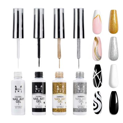 Gel Liner Nail Art Polish Set Gel Liner Nail Art Kit For Nail Design, 4 Colors Black White Gold Silver Design Paint with Thin Brush for French Tip Manicure DIY Nail Art, 8ML