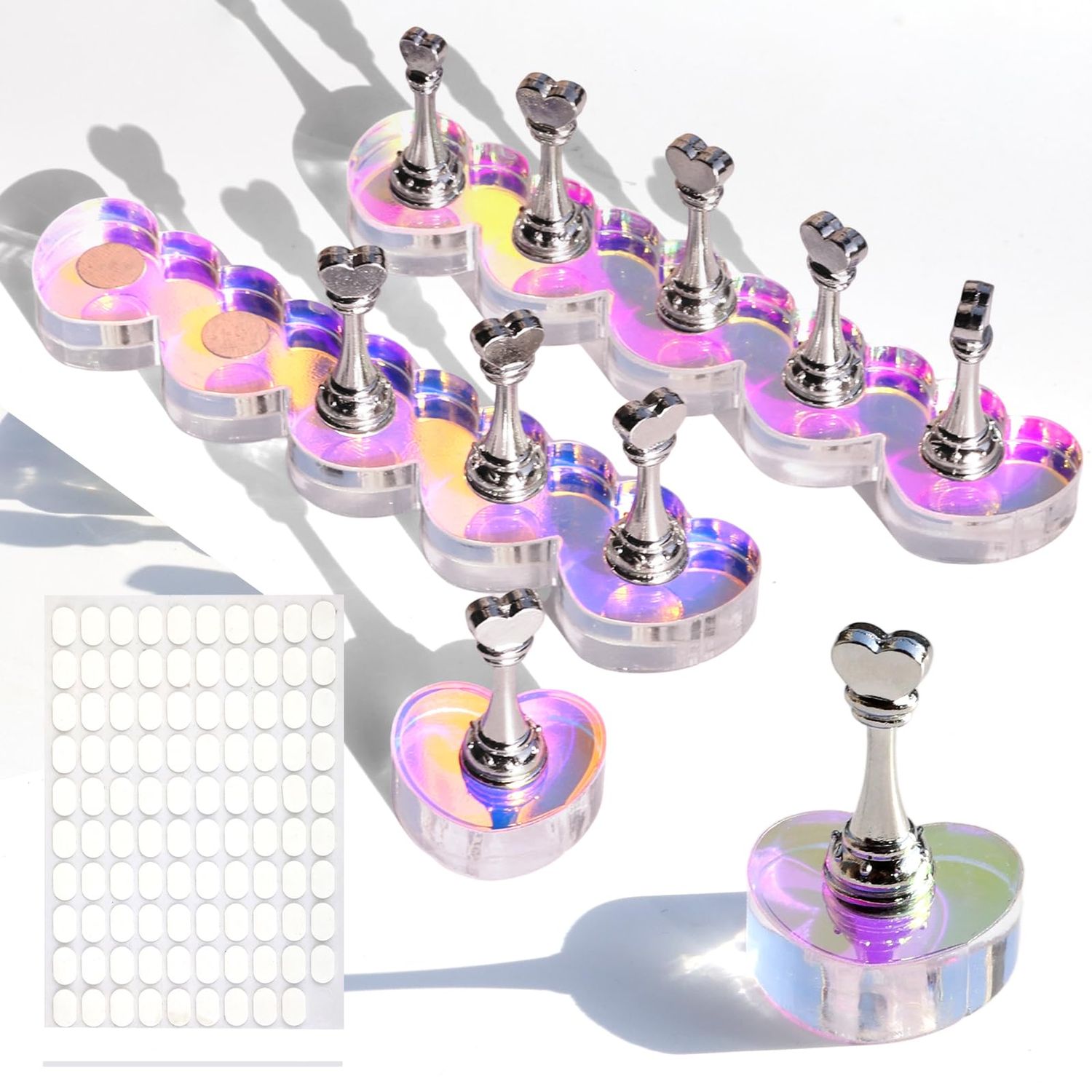 ANGNYA Nail Stand for Press Ons, 3 Sets Heart-Shape Aurora Magnetic Nail Polish Holder for Painting for Display Holder with 200Pcs Adhesive Putty for Home DIY Salon Supplies