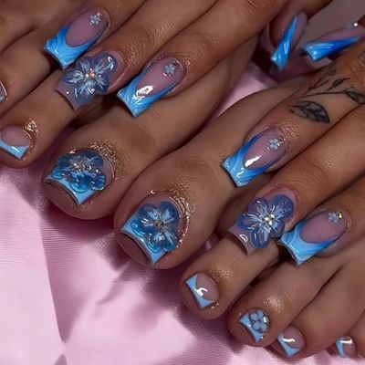 48Pcs Blue French Tips Press on Nails 3D Flower Press on Toenails Short Square Fake Nails with Flower Charm Design Floral False Toenails Glossy Reusable Summer False Nails for Women Girls Manicure