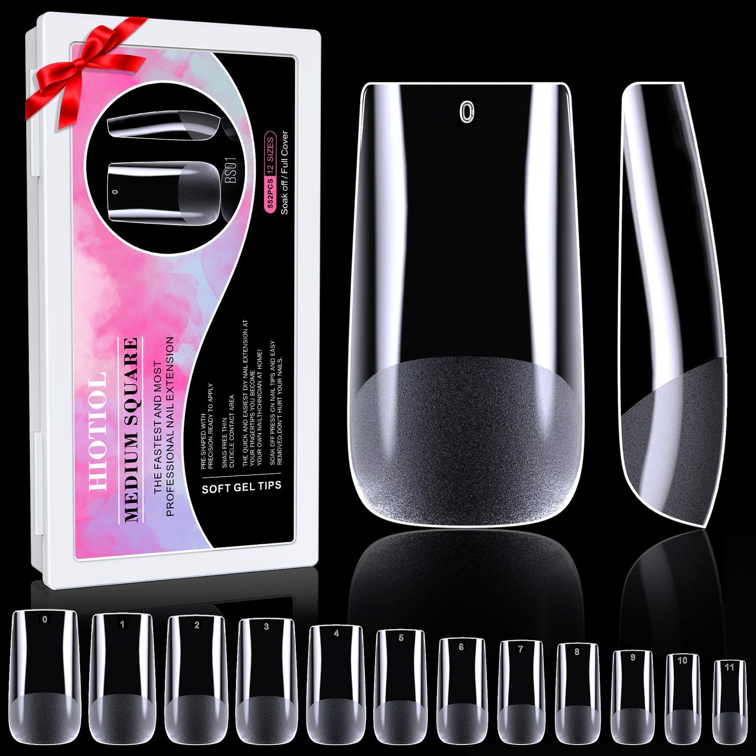 HIOTIOL Medium Square Nail Tips, 552Pcs Soft Gel Full Cover Nail Tips for Soak off Nail Extensions, Half Matte Clear False Gel Nails for Nail Salons and DIY Nail Art, 12 Sizes