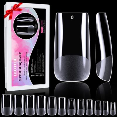 HIOTIOL Medium Square Nail Tips, 552Pcs Soft Gel Full Cover Nail Tips for Soak off Nail Extensions, Half Matte Clear False Gel Nails for Nail Salons and DIY Nail Art, 12 Sizes
