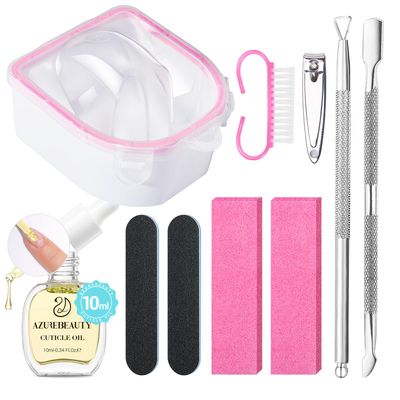 AZUREBEAUTY Nail Soaking Bowl, Soak Off Dip Powder Gel Polish Remover, Manicure Bowl for Hand with 15ml Cuticle Oil Cuticle Remover Tools, Nail Brush, Cuticle Pusher, Cuticle Peeler, Nail File Buffer