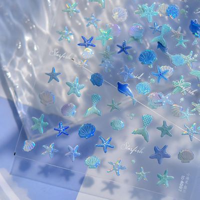 Summer Nail Art Stickers 5D Embossed Shell Starfish Nail Stickers Cute Dolphin Mermaid Nail Art Design Summer Sea Theme Nail Decals Self Adhesive Nails Supplies for Women Manicure Decoration-2pcs
