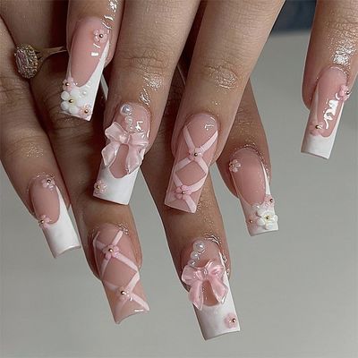 Long Press on Nails White French Tip Long Fake Nails Coffin Press on Nails Square False Nails with Flower&amp;Bow Charm Design Acrylic Nails Press on Artificial Nails Stick on Nails For Women Girls 24Pcs