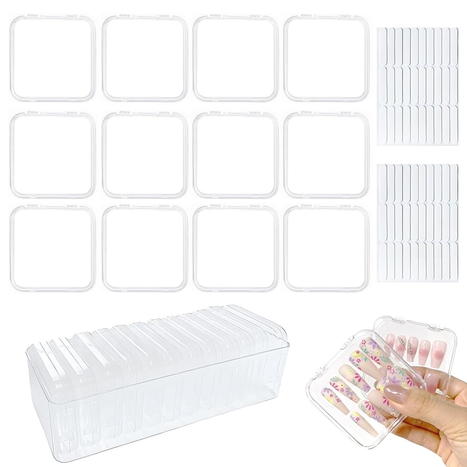 12 Pcs Clear Press On Nail Storage Box Container, False Nail Organizer Case Press On Nail Packaging Box Nail Display Case with Double Sided Tape for Nail Art Home Salon Nail Business Supplies