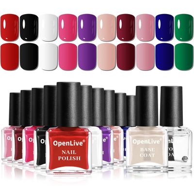 OpenLive 12 PCS Nail Polish Kit With 10 Colors As 2 PCS BASE And TOP Coat Green Blue Red Pink Collection Gifts for Women.