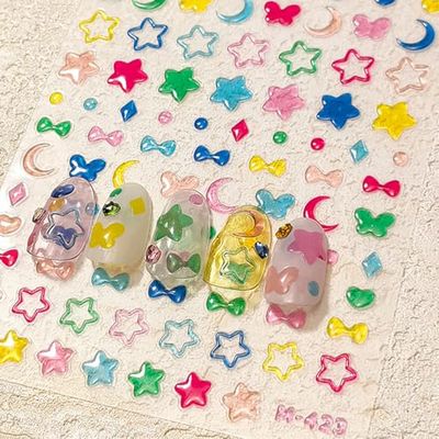 5D Colorful Jelly Nail Art Stickers 5D Embossed Heart Moon Star Nail Stickers for Nail Art Supplies Self-Adhesive Butterfly Bow Nail Decals Cute Star Stickers for Nails Design Women Nail Accessories