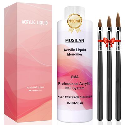 MUSILAN Monomer Acrylic Nail Liquid 150ML - Acrylic Liquid Monomer for Acrylic Powder Acrylic Nail Monomer with 3PCS Acrylic Brushes Size8/10/14For Acrylic Nails Extension Non-Yellowing