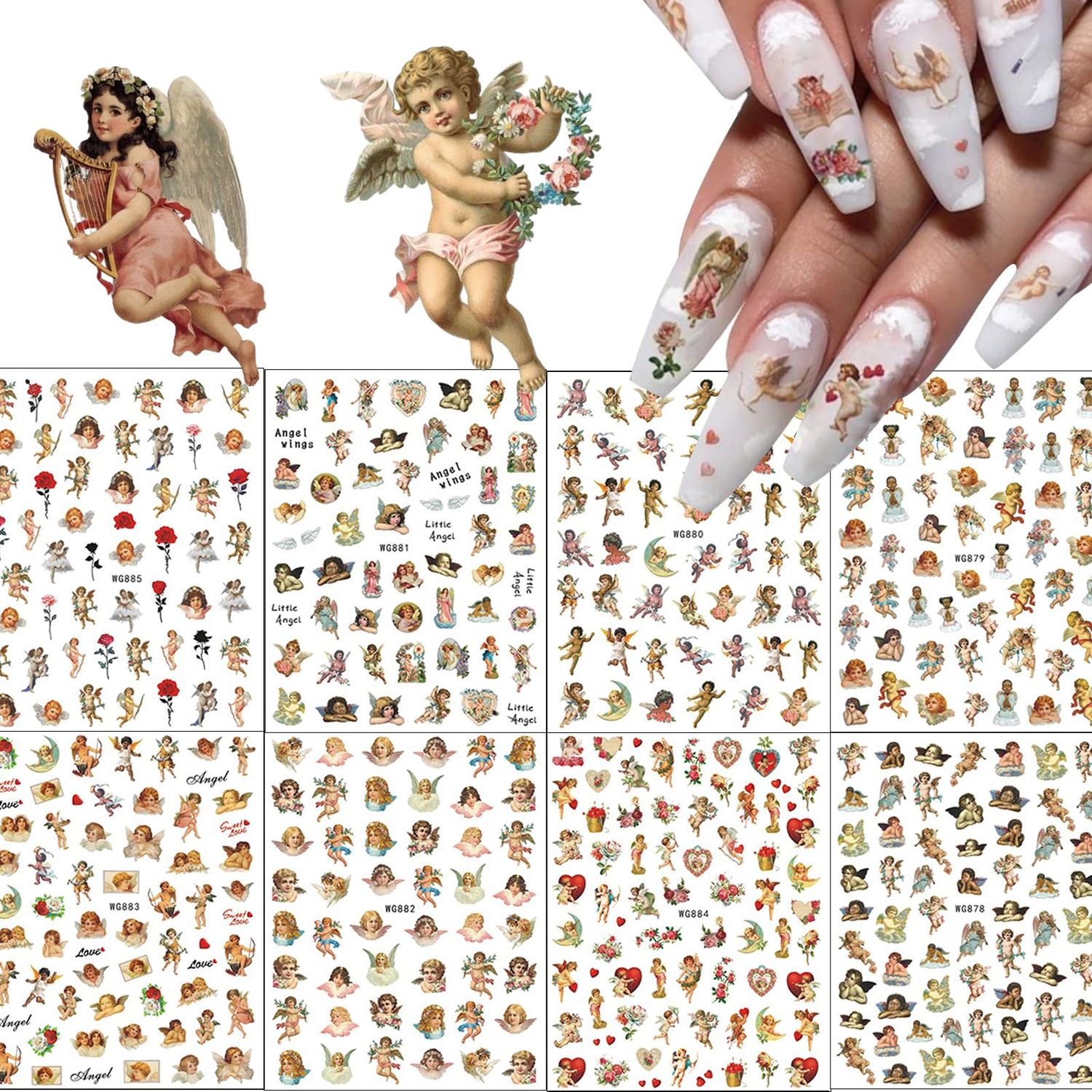 8 Sheets Angel Nail Stickers 3D Self-Adhesive Cupid Nail Art Stickers Decals Rose Flowers Love Heart Wings Nail Art Design Stickers Valentines Day Nail Decorations for Women Acrylic DIY Manicure