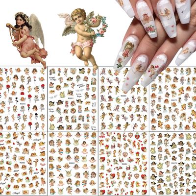 8 Sheets Angel Nail Stickers 3D Self-Adhesive Cupid Nail Art Stickers Decals Rose Flowers Love Heart Wings Nail Art Design Stickers Valentines Day Nail Decorations for Women Acrylic DIY Manicure