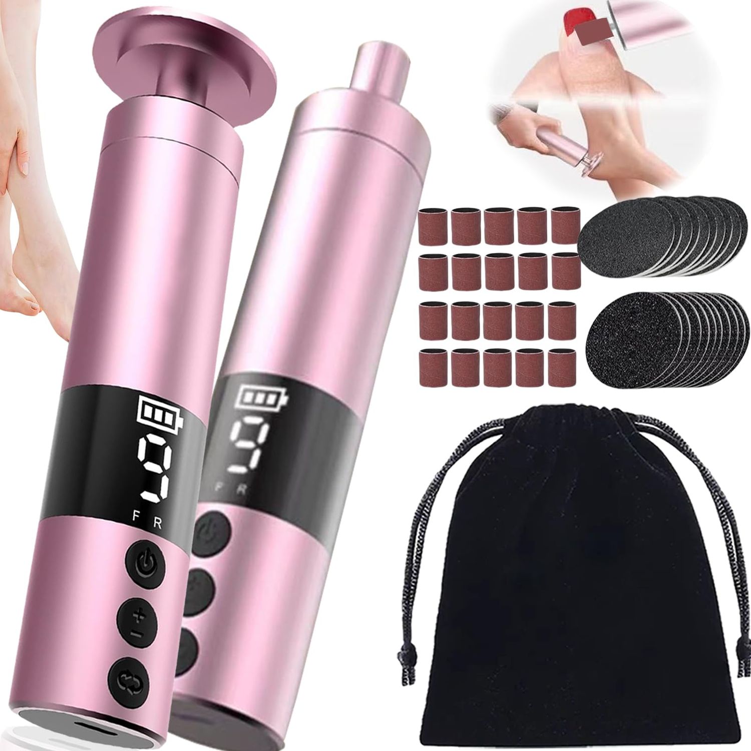 Darmave Cordless Electric Foot Callus Remover, 9 Speed Adjustable Speed Rechargeable Foot Sander Pedicure Tools for Feet Dead Skin with 80 pcs Sandpaper Disk and 20pcs Nail Buffer Sanding Rings