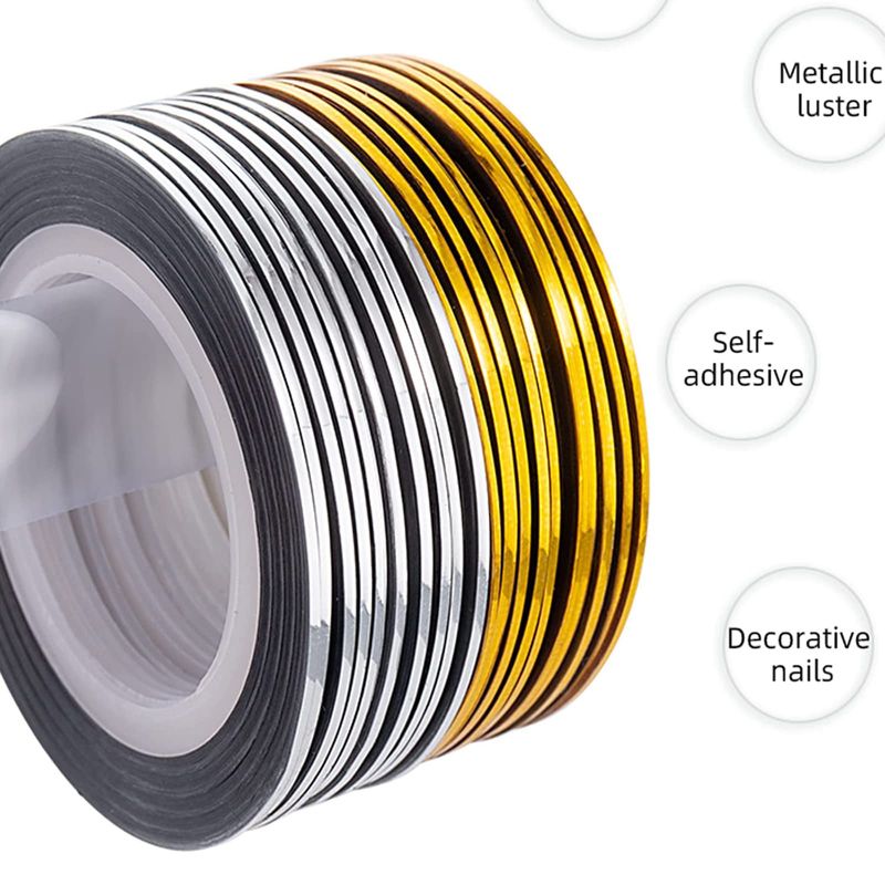 20 Pcs Glitter Gold Silver Nail Art Striping Tape Line Shiny Matte Nail Art Decoration Strips Self Adhesive Decals Strips DIY Nail 3D Tips Manicure Tools Nail Tape Rolls (1mm)