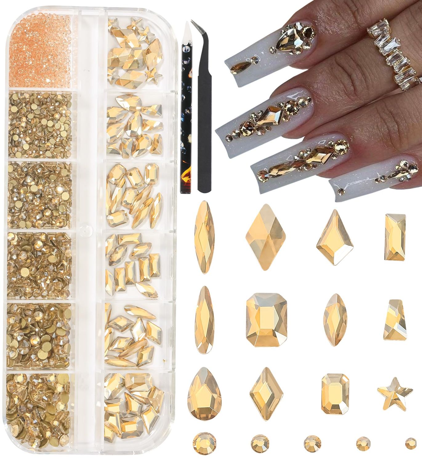 HNUIX Champagne Gold Nail Rhinestones Kit Flatback Nail Charms Glass Gems Stones 1450Pcs Nail Art Gems Diamonds Jewels Multi Shapes Sizes Nail Charms Tweezer &amp; Wax Pen for Nails DIY Faces Eyes Makeup