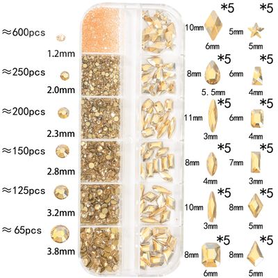 HNUIX Champagne Gold Nail Rhinestones Kit Flatback Nail Charms Glass Gems Stones 1450Pcs Nail Art Gems Diamonds Jewels Multi Shapes Sizes Nail Charms Tweezer & Wax Pen for Nails DIY Faces Eyes Makeup