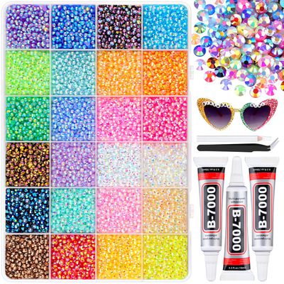 24000Pcs Mixed-Color Resin Rhinestones with B7000 Jewelry Glue for Crafting, 3mm Non Hotfix Flatback Gems, Bedazzling Crystal for DIY Crafts Clothing Tumblers Mugs Shoes Fabric Decor Nail Art
